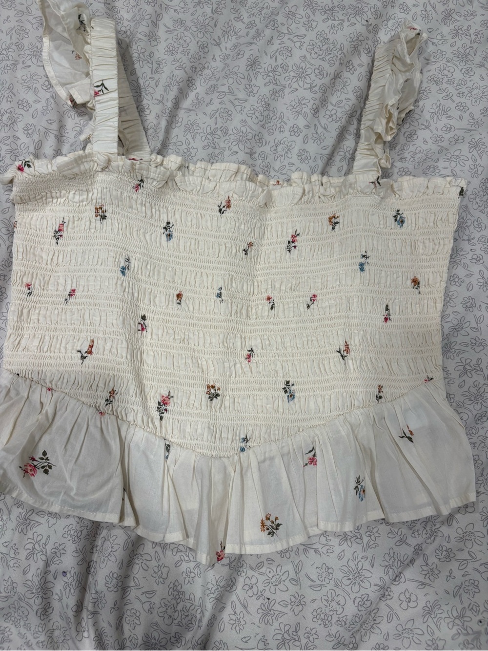 American Eagle Outfitters Cream Floral Smocked Ruffle Camisole